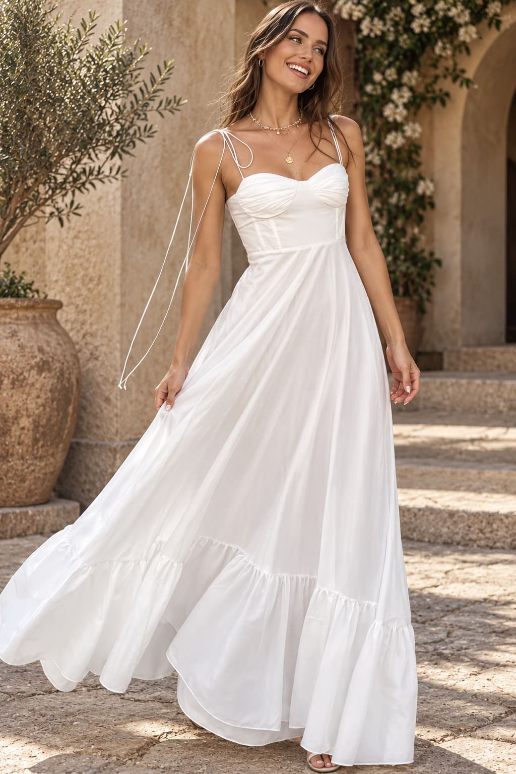 Robe à Corset Longue Blanche Volantée - Éléonore